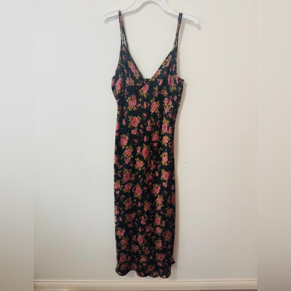 Zara Black Midi Slip Dress with Pink Floral Print